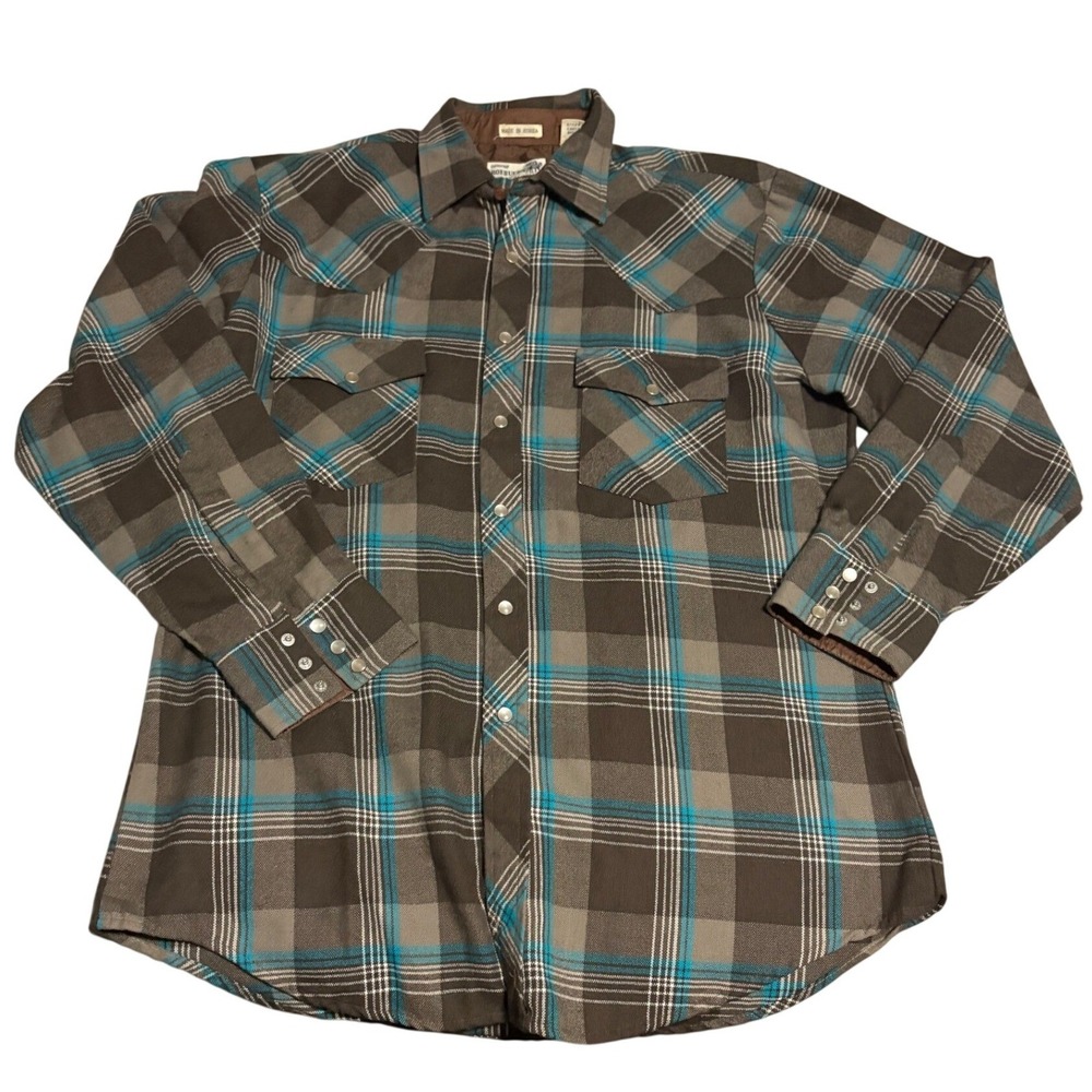 Vintage Roebucks Pearl Snap Shirt Mens L Plaid Western Cowboy Sears 90s Work
